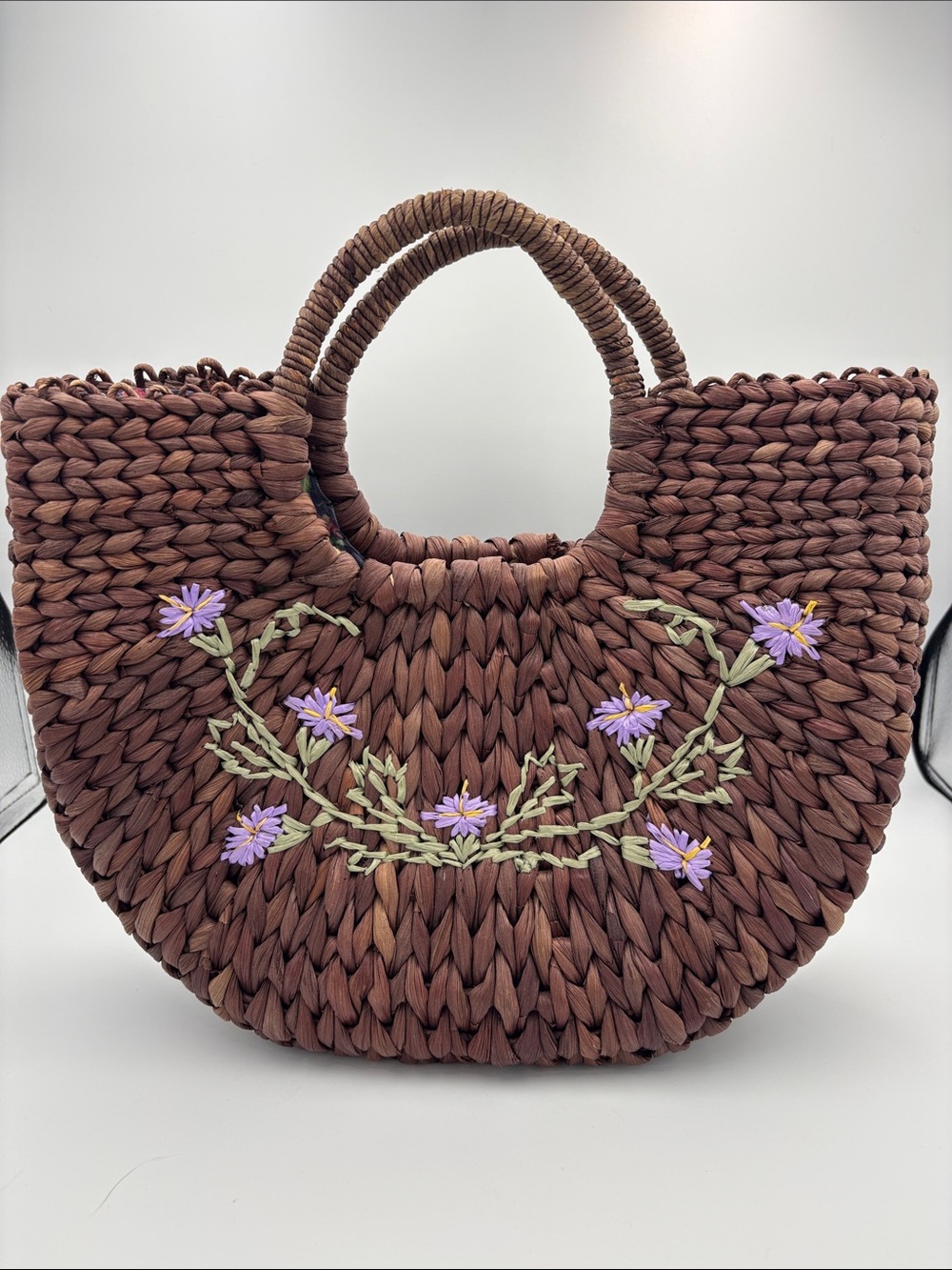 Embroidered Brown Woven Floral Tote